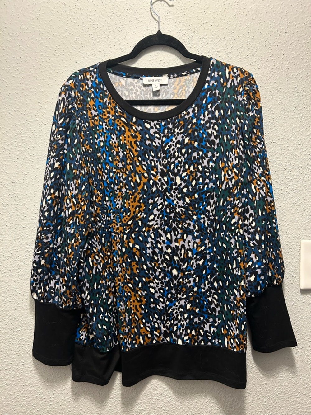 Nine West Multicolor Animal Print Long Sleeve Sweatshirt with Black Trim
